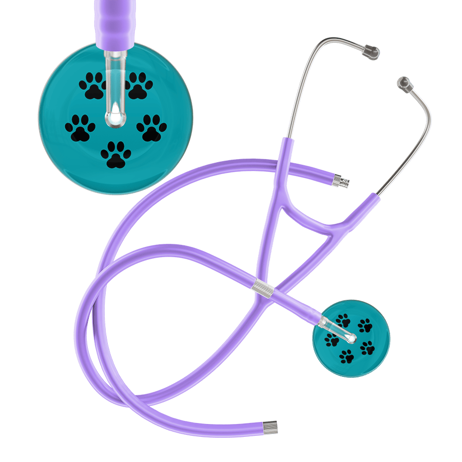Ultrascope Single Stethoscope Black Paw Teal Background / Adult / Lavender Extended Tubing Black Paw Print Dark Background Cardiology Stethoscope