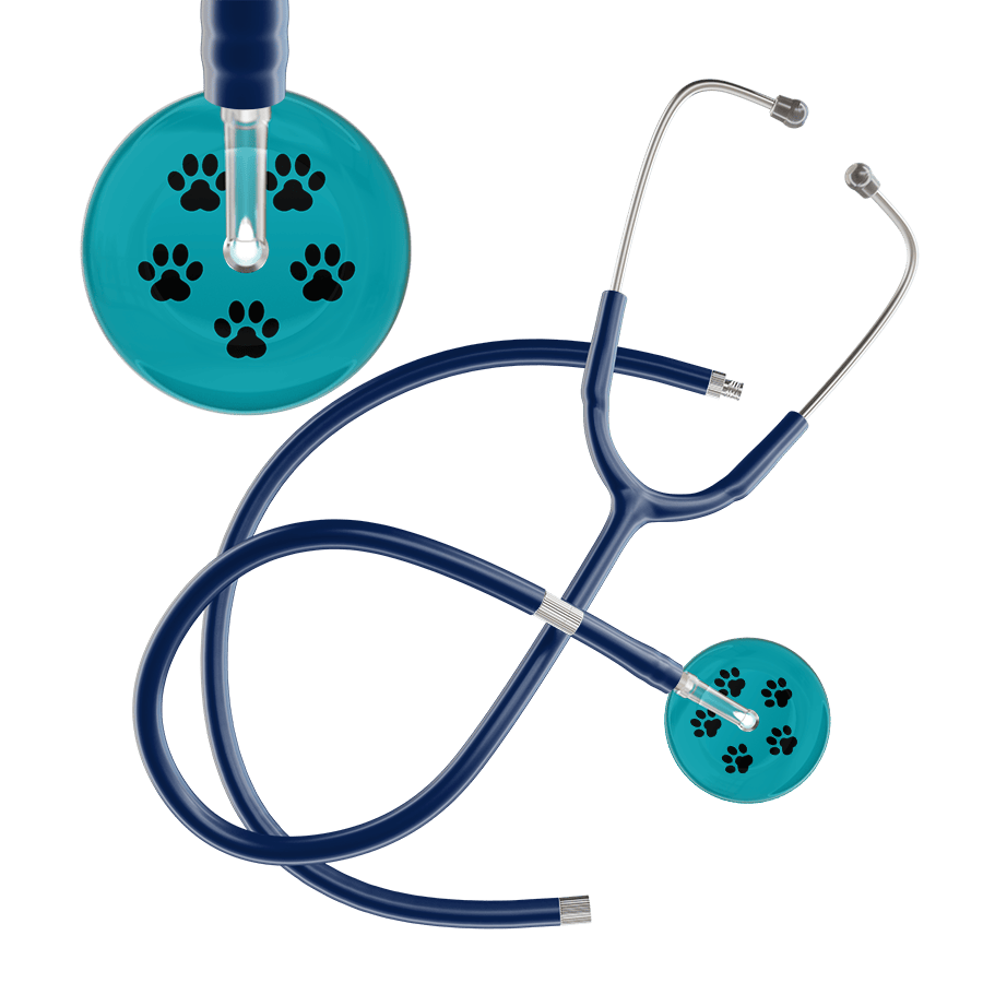 Ultrascope Single Stethoscope Black Paw Teal Background / Adult / Navy Extended Tubing Black Paw Print Dark Background Stethoscope