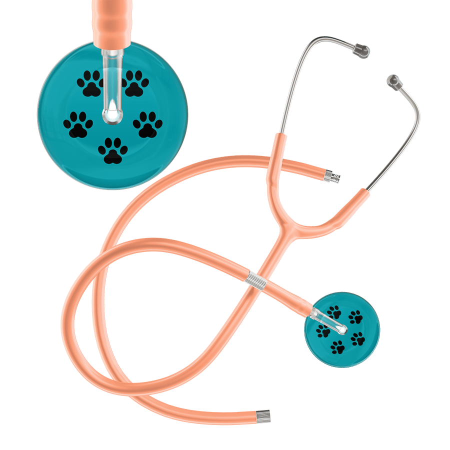 Ultrascope Single Stethoscope Black Paw Teal Background / Adult / Peach Extended Tubing Black Paw Print Dark Background Stethoscope