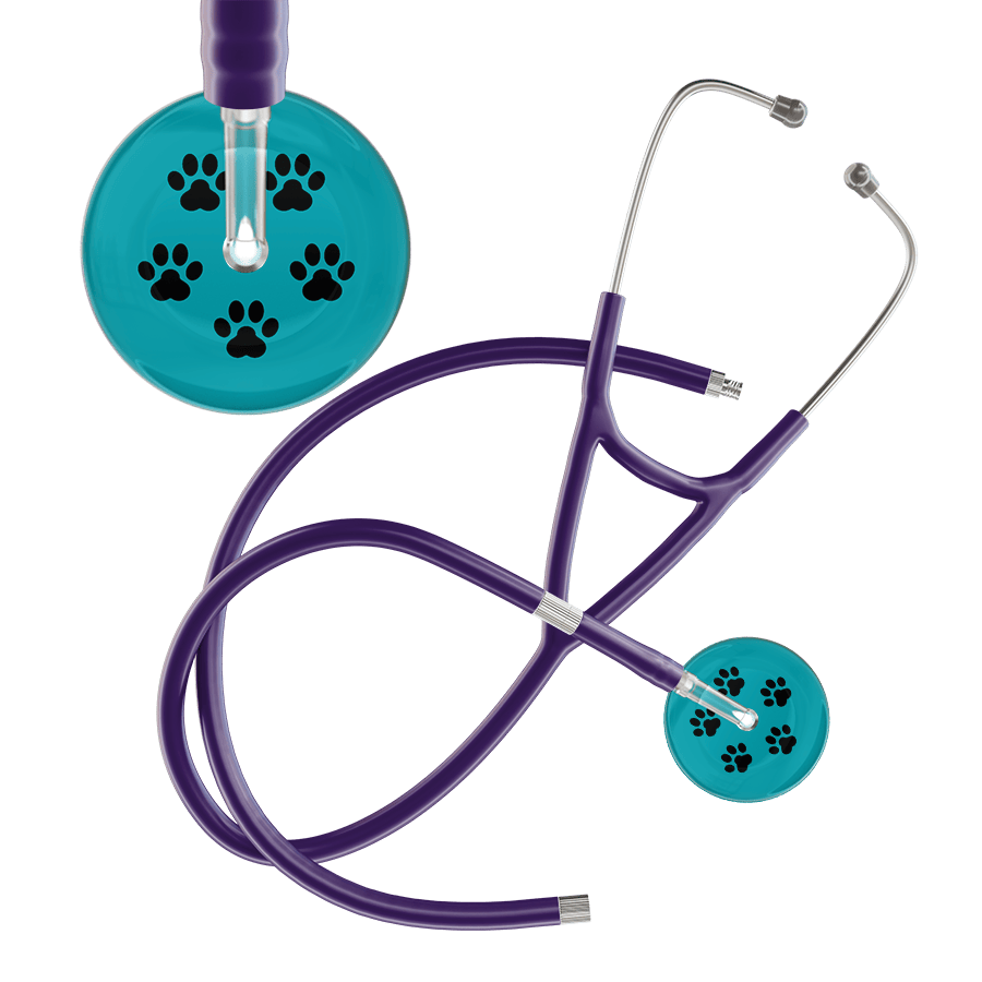 Ultrascope Single Stethoscope Black Paw Teal Background / Adult / Purple Extended Tubing Black Paw Print Dark Background Cardiology Stethoscope