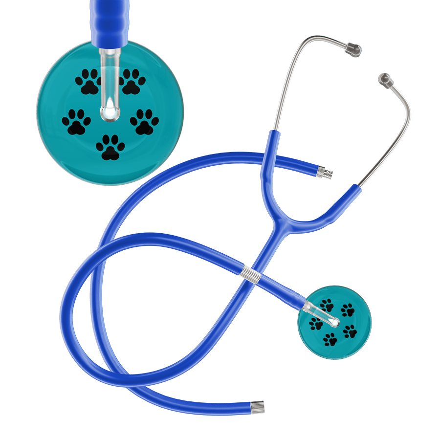 Ultrascope Single Stethoscope Black Paw Teal Background / Adult / Royal Blue Extended Tubing Black Paw Print Dark Background Stethoscope