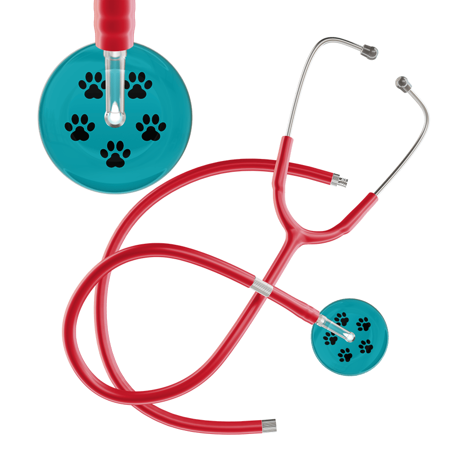 Ultrascope Single Stethoscope Black Paw Teal Background / Adult / Red Extended Tubing Black Paw Print Dark Background Stethoscope