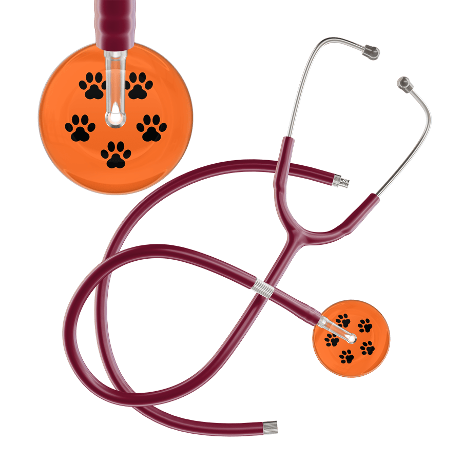 Ultrascope Single Stethoscope Black Paw Tangerine Background / Adult / Burgundy Extended Tubing Black Paw Print Dark Background Stethoscope