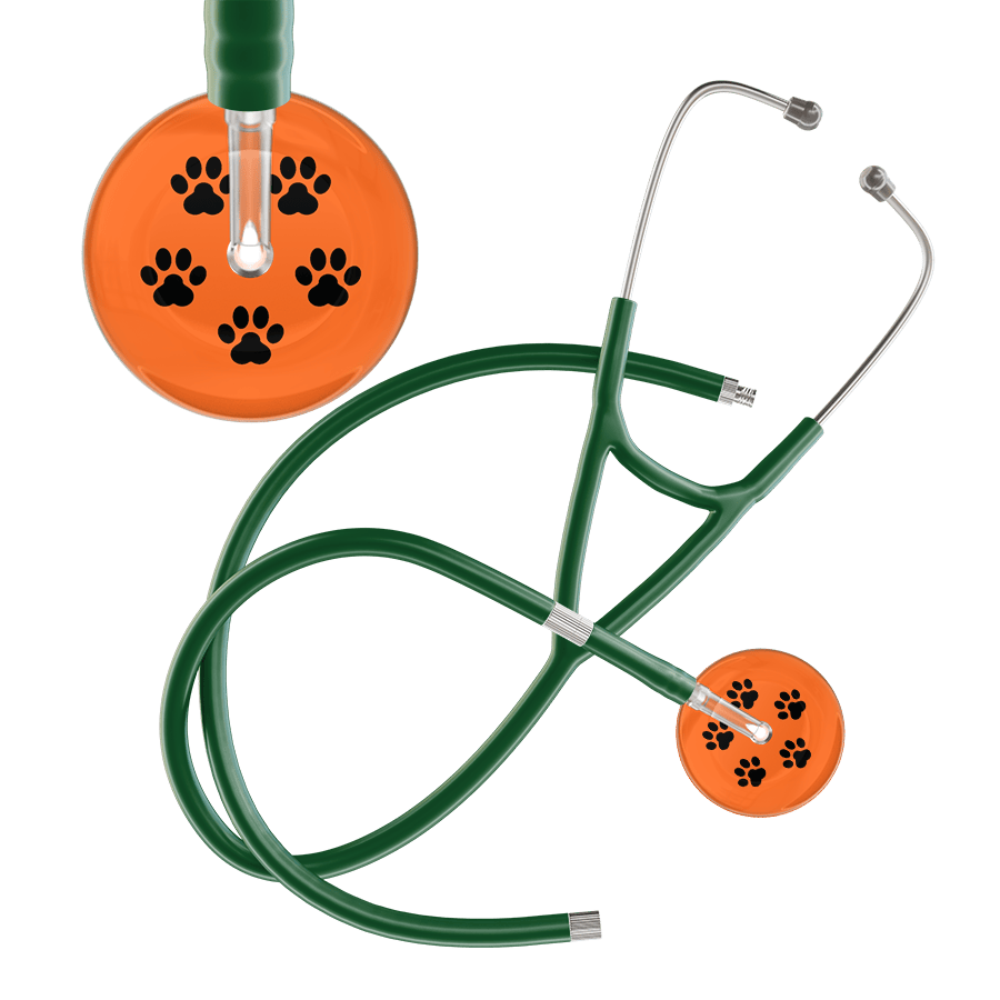 Ultrascope Single Stethoscope Black Paw Tangerine Background / Adult / Dark Green Extended Tubing Black Paw Print Dark Background Cardiology Stethoscope
