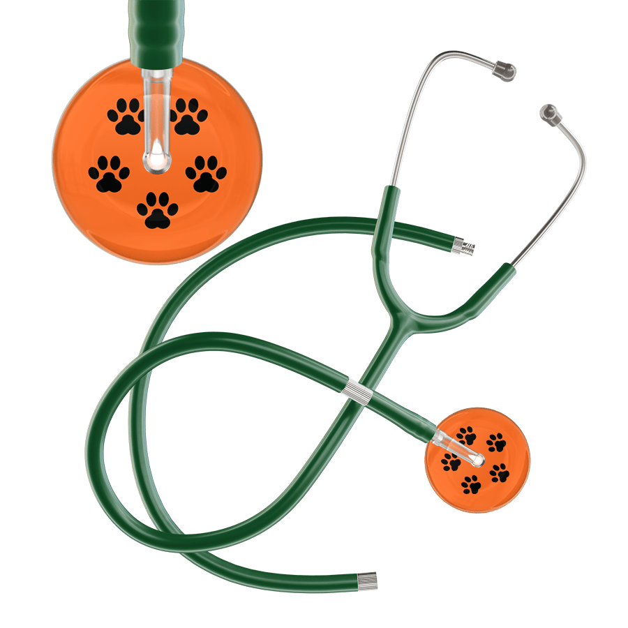 Ultrascope Single Stethoscope Black Paw Tangerine Background / Adult / Dark Green Extended Tubing Black Paw Print Dark Background Stethoscope