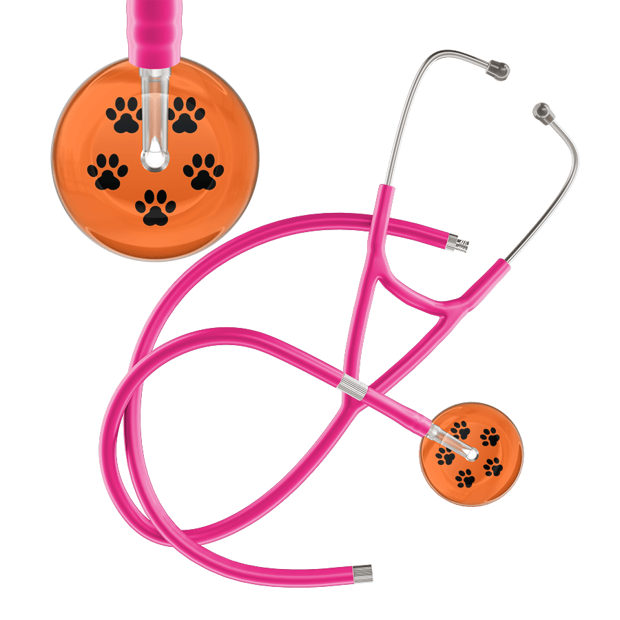 Ultrascope Single Stethoscope Black Paw Tangerine Background / Adult / Hot Pink Extended Tubing Black Paw Print Dark Background Cardiology Stethoscope