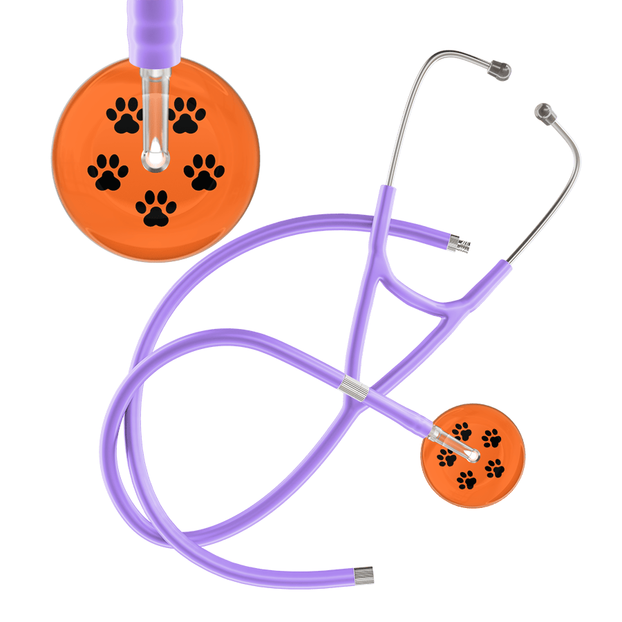 Ultrascope Single Stethoscope Black Paw Tangerine Background / Adult / Lavender Extended Tubing Black Paw Print Dark Background Cardiology Stethoscope