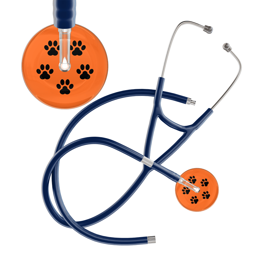 Ultrascope Single Stethoscope Black Paw Tangerine Background / Adult / Navy Extended Tubing Black Paw Print Dark Background Cardiology Stethoscope