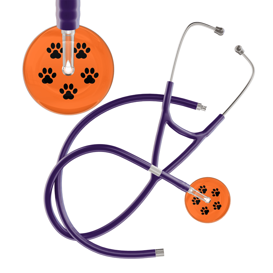 Ultrascope Single Stethoscope Black Paw Tangerine Background / Adult / Purple Extended Tubing Black Paw Print Dark Background Cardiology Stethoscope