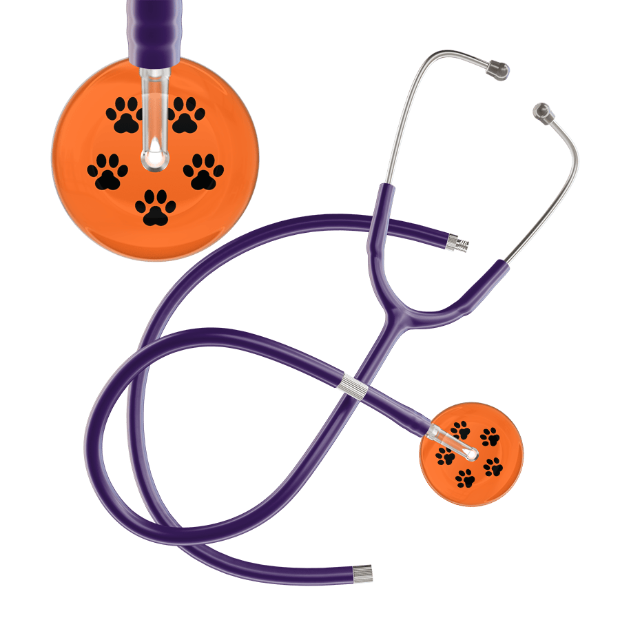 Ultrascope Single Stethoscope Black Paw Tangerine Background / Adult / Purple Extended Tubing Black Paw Print Dark Background Stethoscope