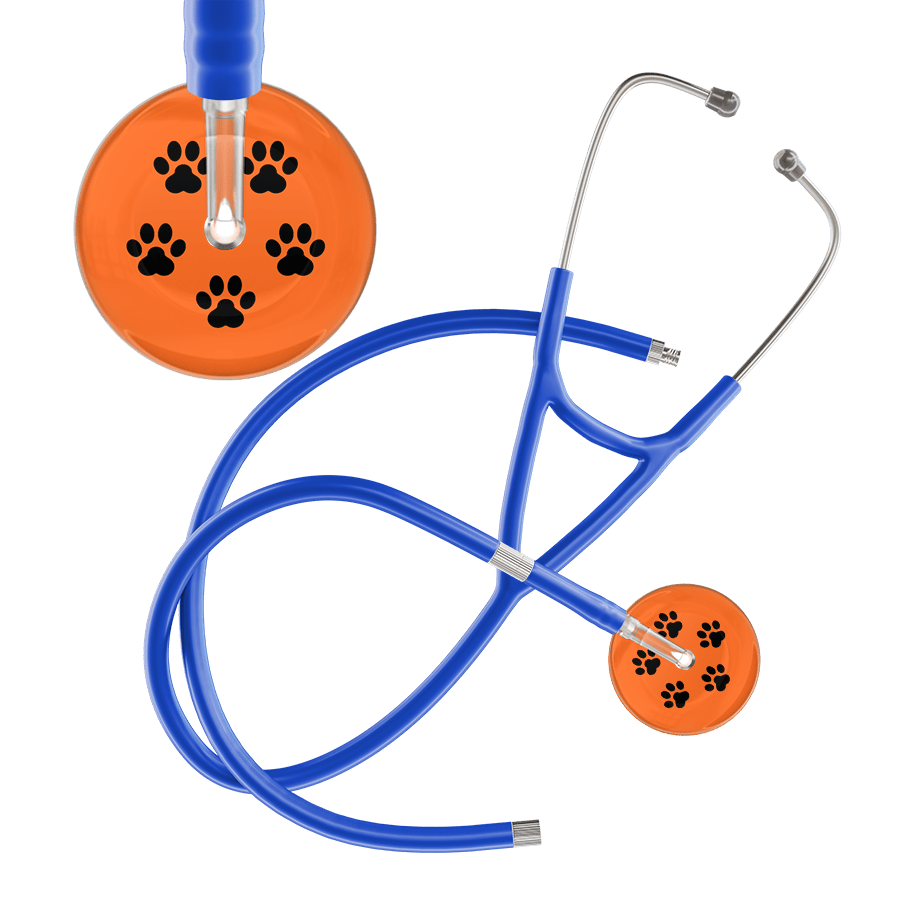 Ultrascope Single Stethoscope Black Paw Tangerine Background / Adult / Royal Blue Extended Tubing Black Paw Print Dark Background Cardiology Stethoscope