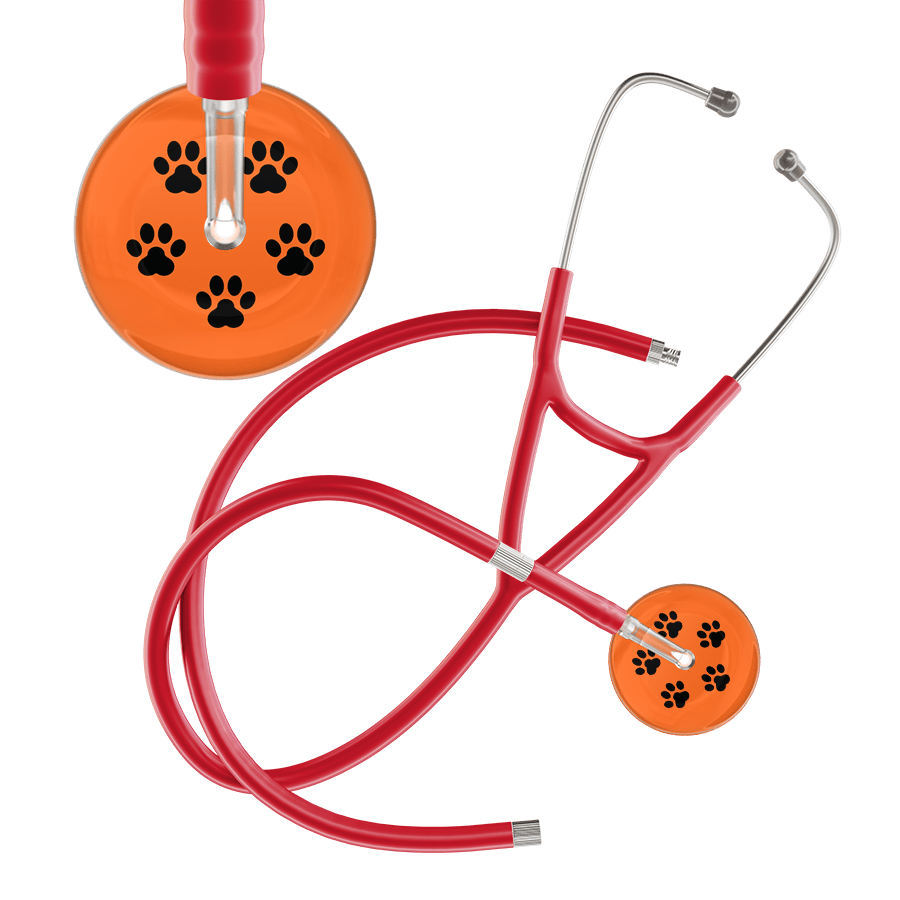 Ultrascope Single Stethoscope Black Paw Tangerine Background / Adult / Red Extended Tubing Black Paw Print Dark Background Cardiology Stethoscope