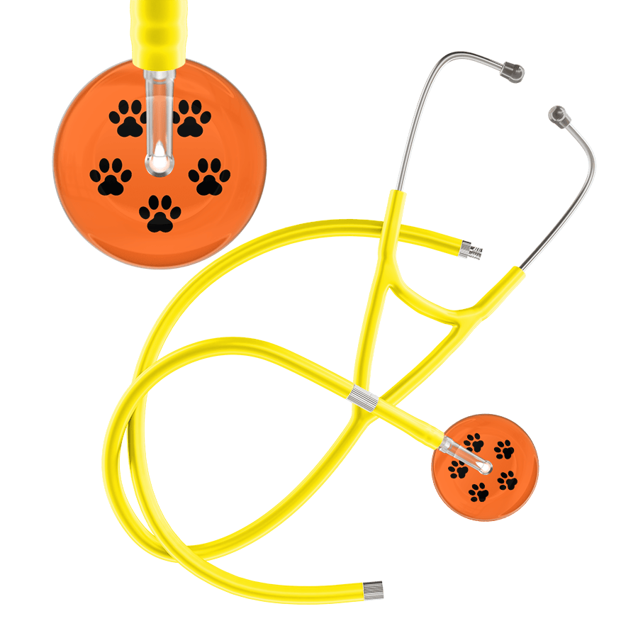 Ultrascope Single Stethoscope Black Paw Tangerine Background / Adult / Yellow Extended Tubing Black Paw Print Dark Background Cardiology Stethoscope