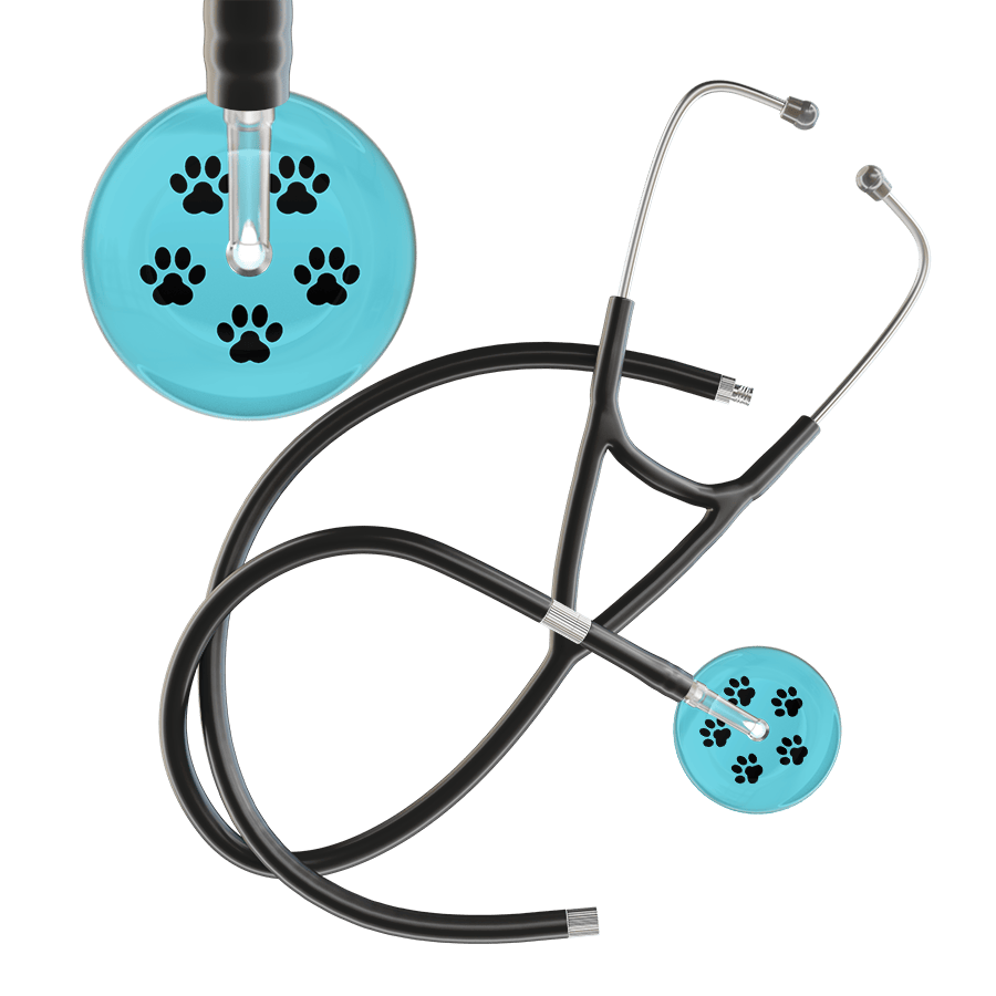 Ultrascope Single Stethoscope Black Paw Turquoise Background / Adult / Black Extended Tubing Black Paw Print Light Background Cardiology Stethoscope