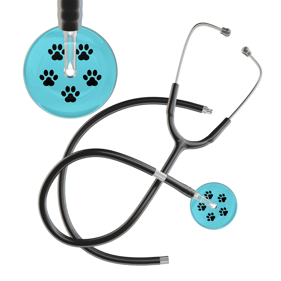 Ultrascope Single Stethoscope Black Paw Turquoise Background / Adult / Black Extended Tubing Black Paw Print Light Background Stethoscope