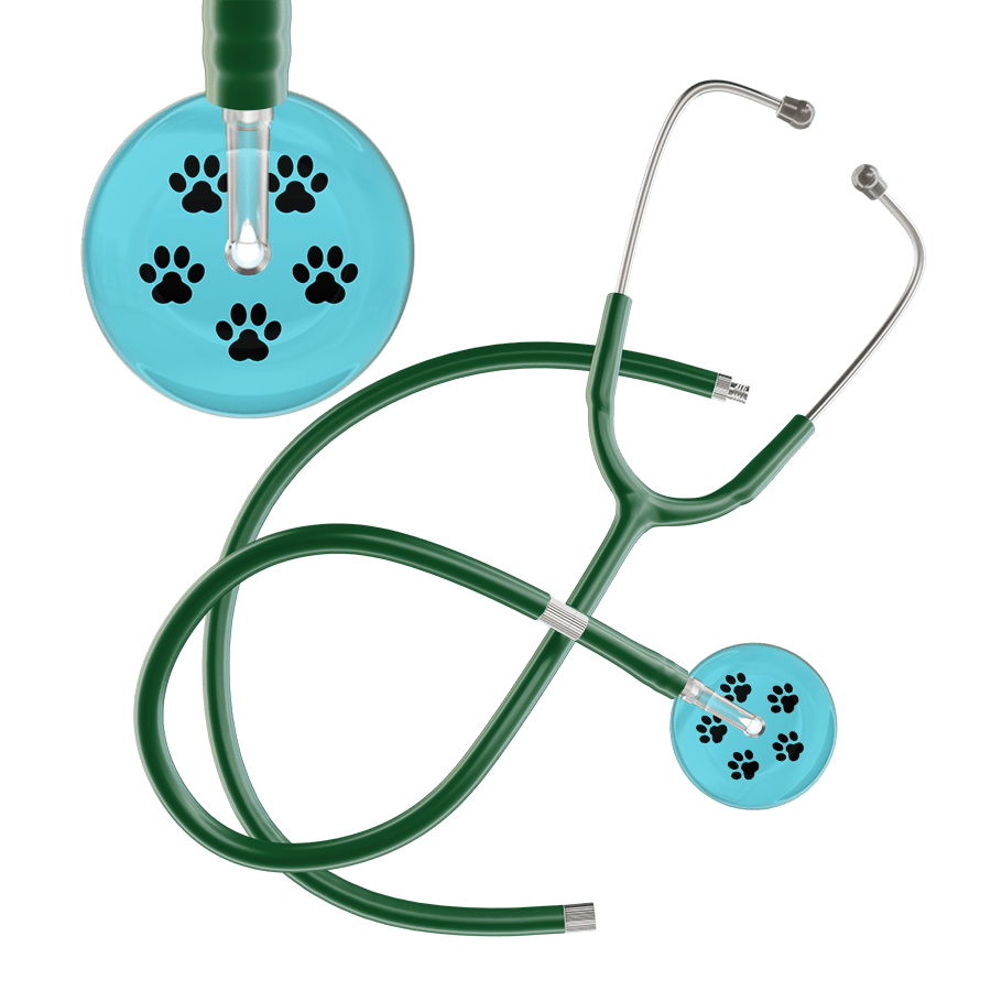Ultrascope Single Stethoscope Black Paw Turquoise Background / Adult / Dark Green Extended Tubing Black Paw Print Light Background Stethoscope