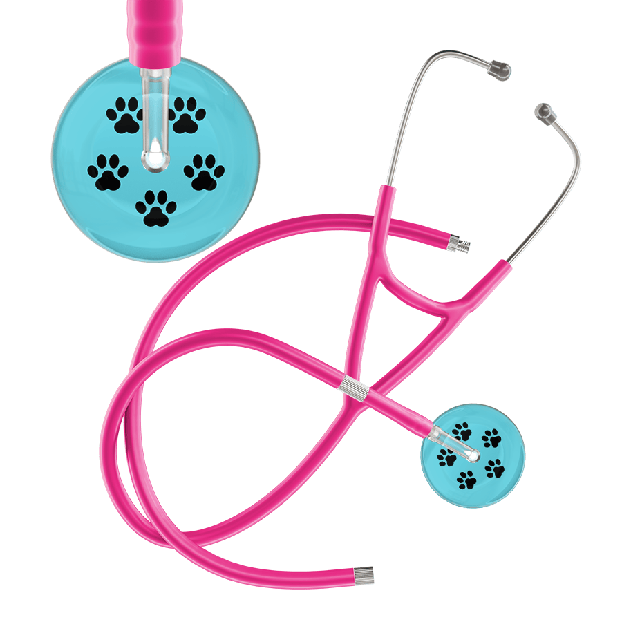 Ultrascope Single Stethoscope Black Paw Turquoise Background / Adult / Hot Pink Extended Tubing Black Paw Print Light Background Cardiology Stethoscope