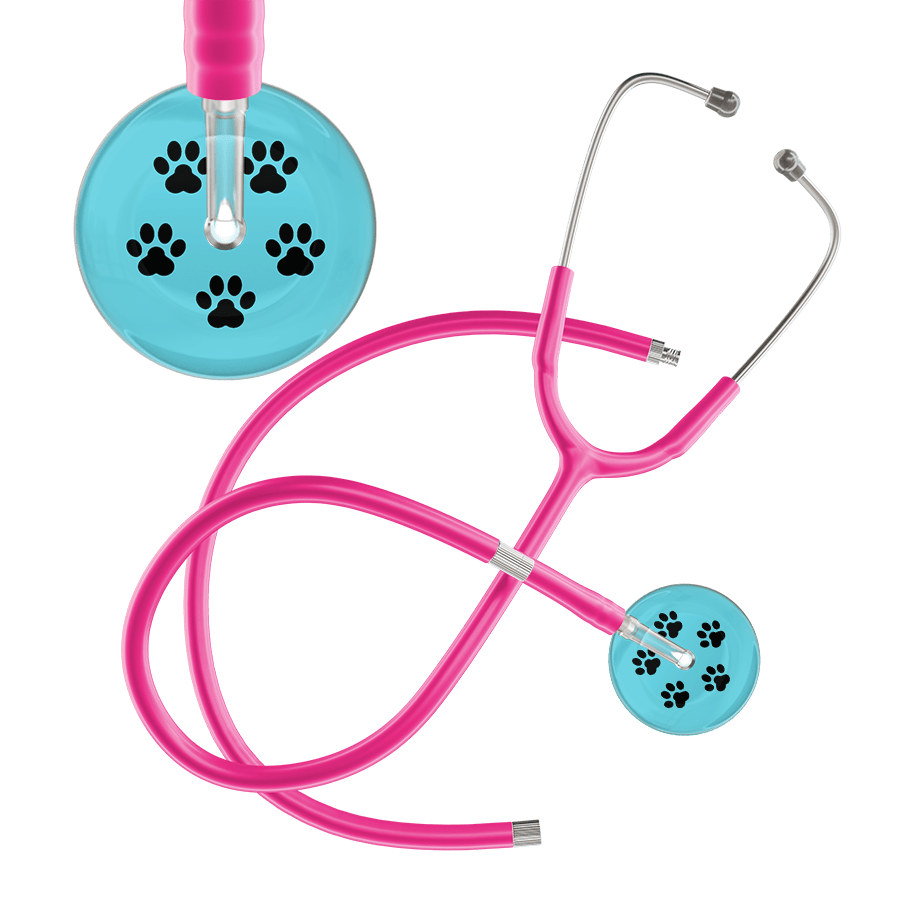 Ultrascope Single Stethoscope Black Paw Turquoise Background / Adult / Hot Pink Extended Tubing Black Paw Print Light Background Stethoscope