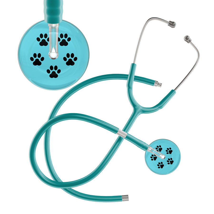 Ultrascope Single Stethoscope Black Paw Turquoise Background / Adult / Jade Extended Tubing Black Paw Print Light Background Stethoscope