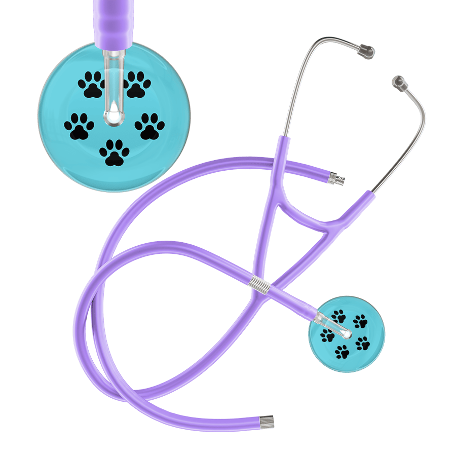 Ultrascope Single Stethoscope Black Paw Turquoise Background / Adult / Lavender Extended Tubing Black Paw Print Light Background Cardiology Stethoscope