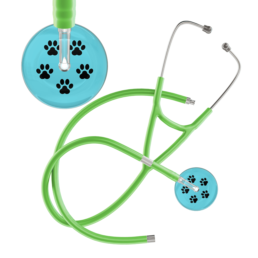 Ultrascope Single Stethoscope Black Paw Turquoise Background / Adult / Lime Green Extended Tubing Black Paw Print Light Background Cardiology Stethoscope