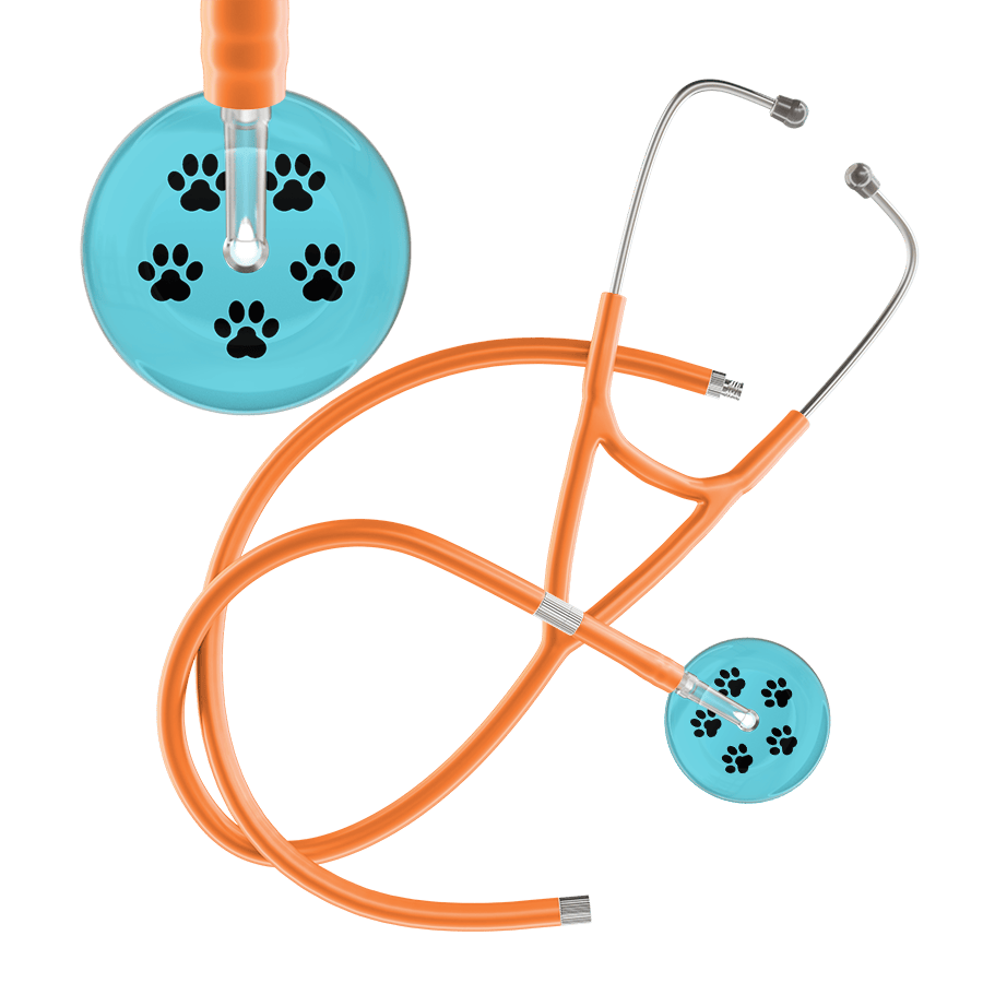 Ultrascope Single Stethoscope Black Paw Turquoise Background / Adult / Orange Extended Tubing Black Paw Print Light Background Cardiology Stethoscope