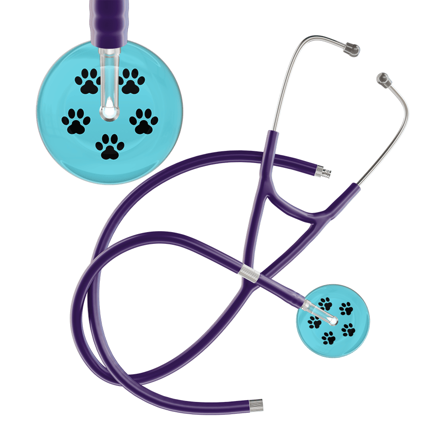 Ultrascope Single Stethoscope Black Paw Turquoise Background / Adult / Purple Extended Tubing Black Paw Print Light Background Cardiology Stethoscope