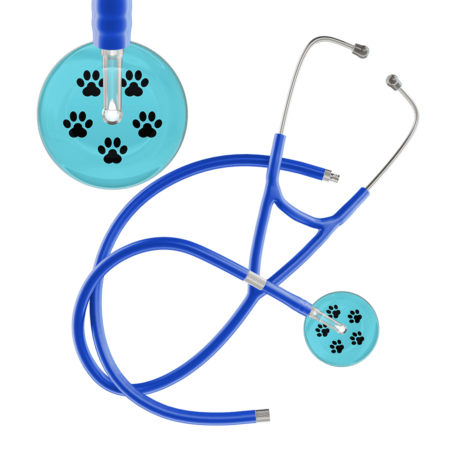 Ultrascope Single Stethoscope Black Paw Turquoise Background / Adult / Royal Blue Extended Tubing Black Paw Print Light Background Cardiology Stethoscope