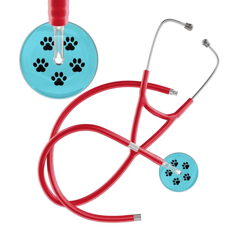 Ultrascope Single Stethoscope Black Paw Turquoise Background / Adult / Red Extended Tubing Black Paw Print Light Background Cardiology Stethoscope