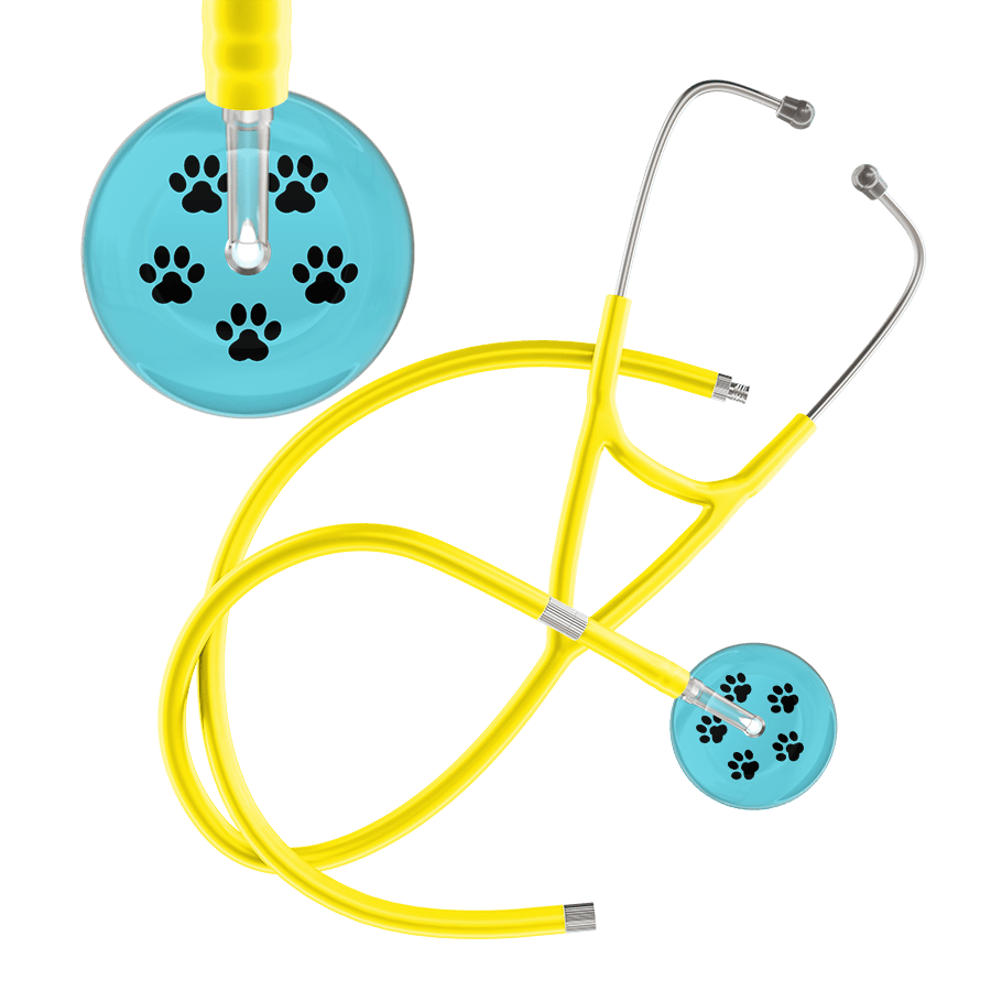 Ultrascope Single Stethoscope Black Paw Turquoise Background / Adult / Yellow Extended Tubing Black Paw Print Light Background Cardiology Stethoscope