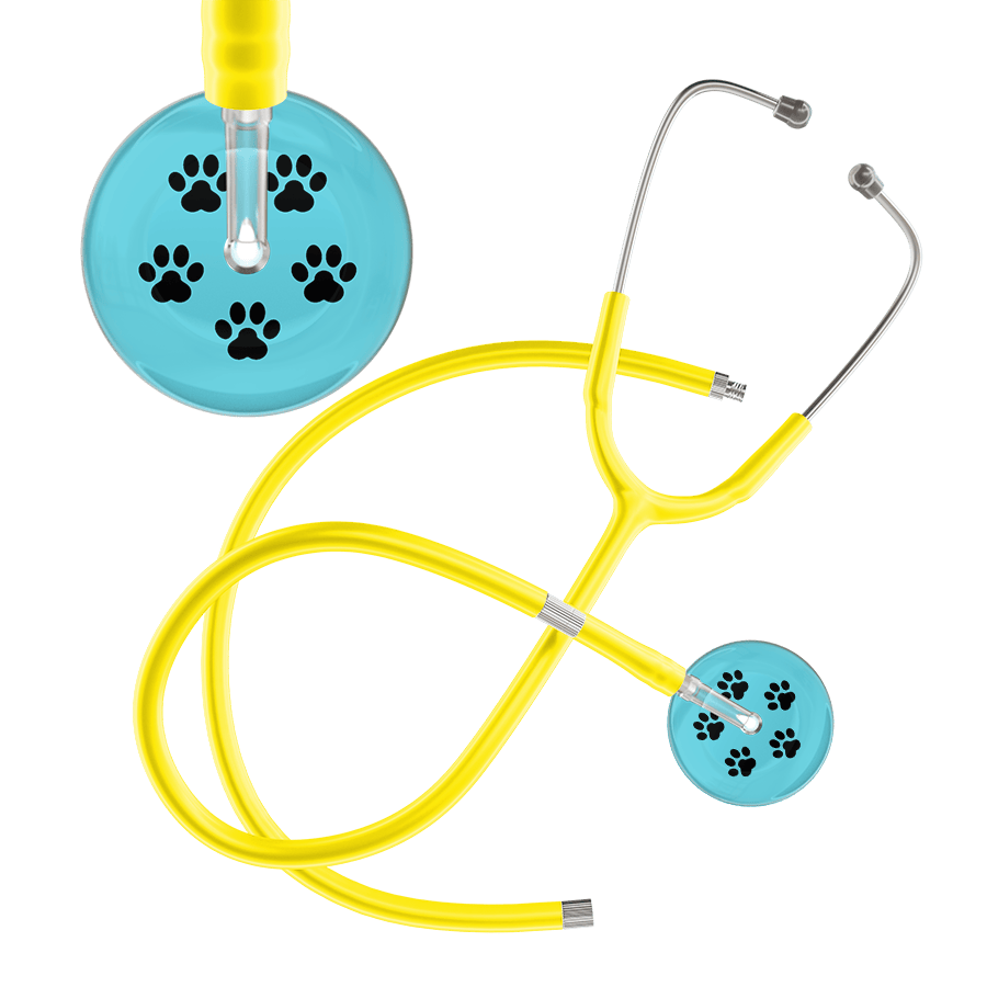 Ultrascope Single Stethoscope Black Paw Turquoise Background / Adult / Yellow Extended Tubing Black Paw Print Light Background Stethoscope