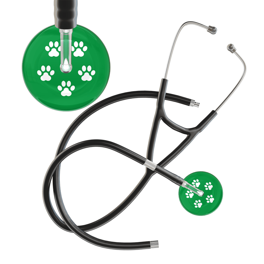 Ultrascope Single Stethoscope White Paw Green Background / Adult / Black Extended Tubing White Paw Print Dark Background Cardiology Stethoscope