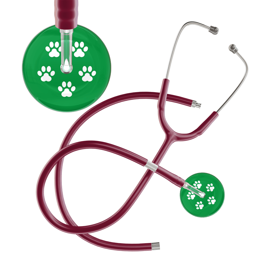 Ultrascope Single Stethoscope White Paw Green Background / Adult / Burgundy Extended Tubing White Paw Print Dark Background Stethoscope