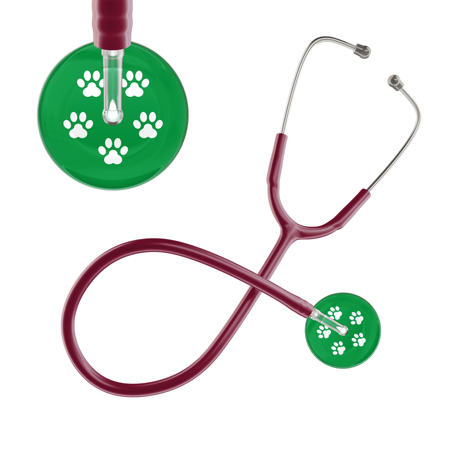 Ultrascope Single Stethoscope White Paw Green Background / Adult / Burgundy White Paw Print Dark Background Stethoscope