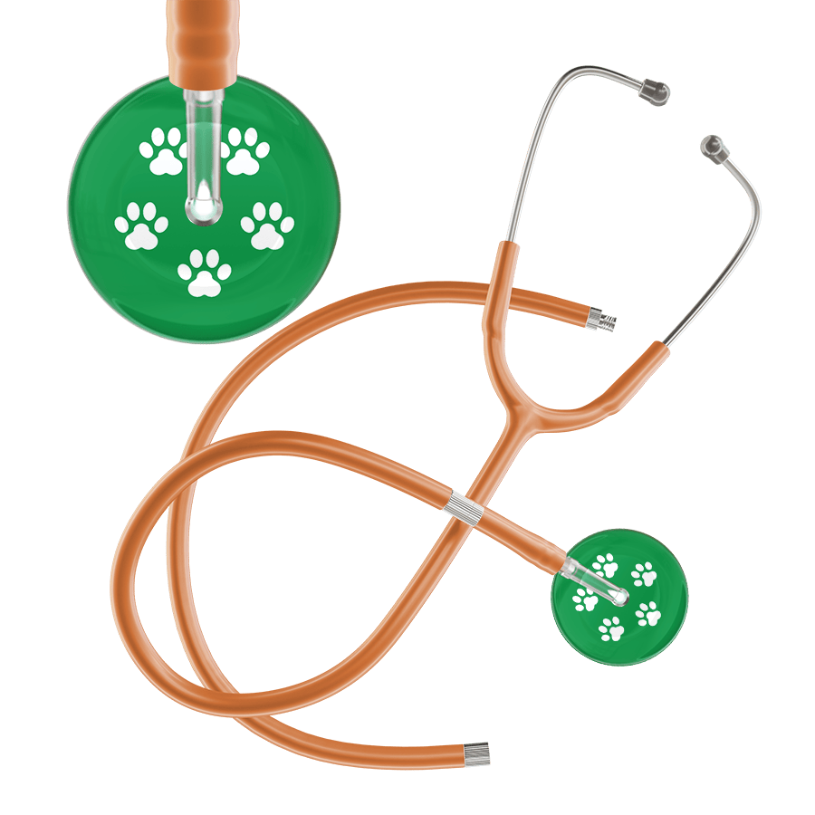 Ultrascope Single Stethoscope White Paw Green Background / Adult / Caramel Extended Tubing White Paw Print Dark Background Stethoscope