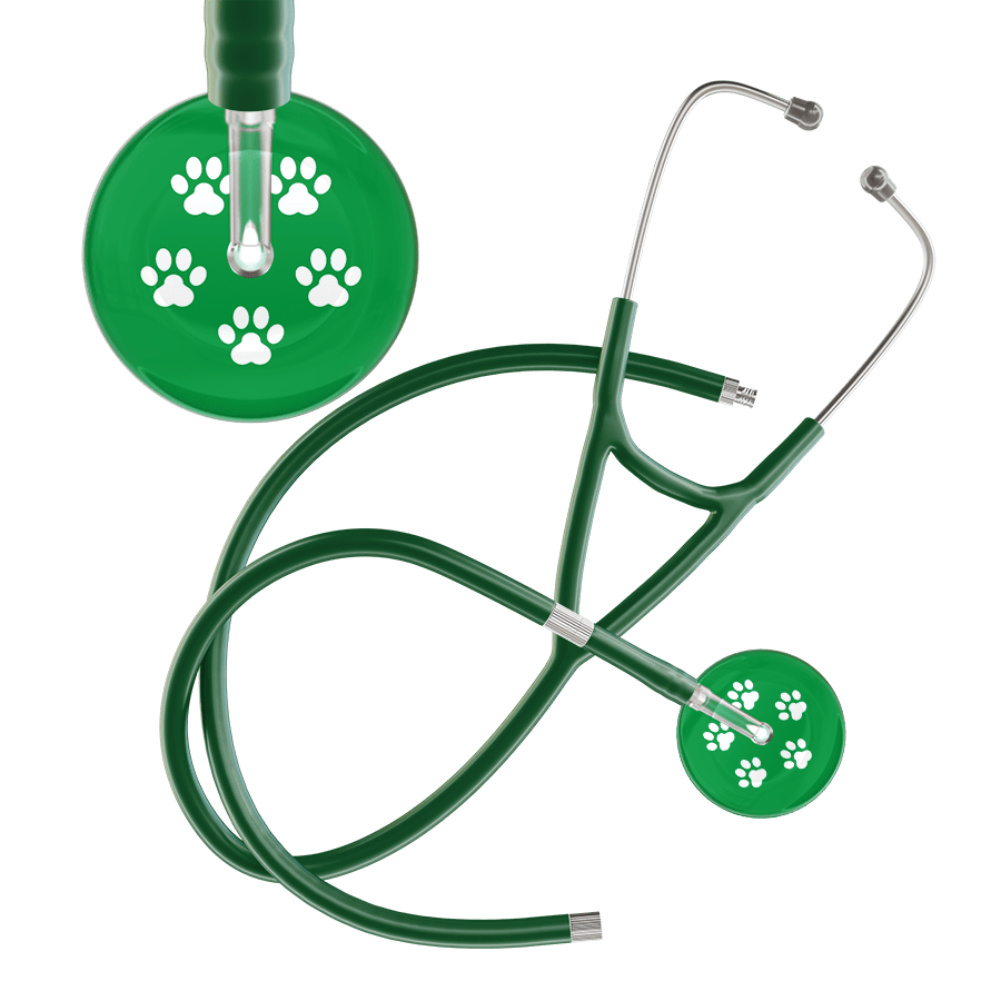 Ultrascope Single Stethoscope White Paw Green Background / Adult / Dark Green Extended Tubing White Paw Print Dark Background Cardiology Stethoscope