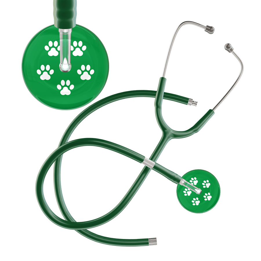 Ultrascope Single Stethoscope White Paw Green Background / Adult / Dark Green Extended Tubing White Paw Print Dark Background Stethoscope