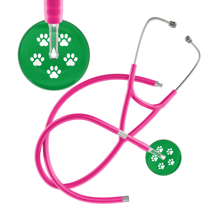 Ultrascope Single Stethoscope White Paw Green Background / Adult / Hot Pink Extended Tubing White Paw Print Dark Background Cardiology Stethoscope