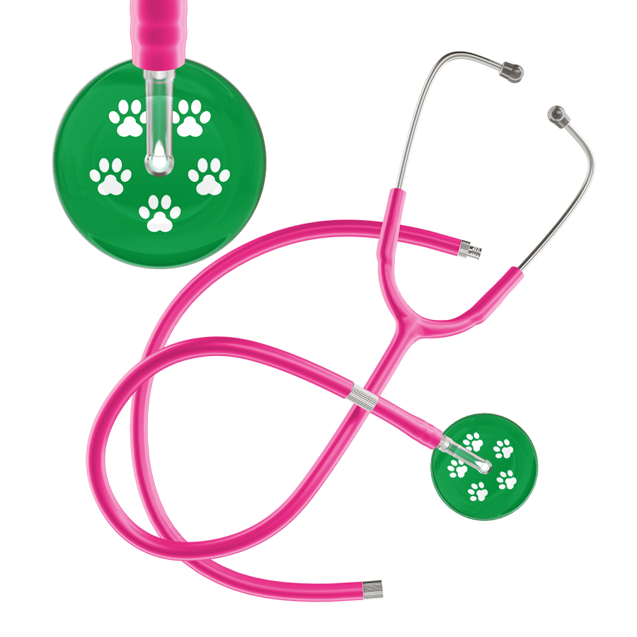 Ultrascope Single Stethoscope White Paw Green Background / Adult / Hot Pink Extended Tubing White Paw Print Dark Background Stethoscope