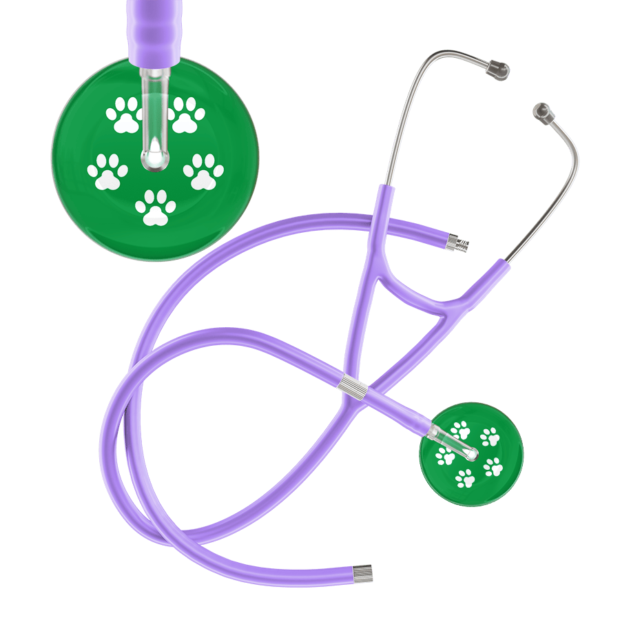 Ultrascope Single Stethoscope White Paw Green Background / Adult / Lavender Extended Tubing White Paw Print Dark Background Cardiology Stethoscope