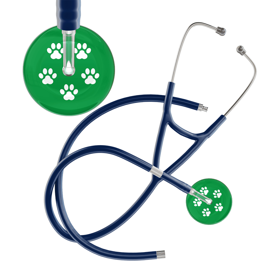 Ultrascope Single Stethoscope White Paw Green Background / Adult / Navy Extended Tubing White Paw Print Dark Background Cardiology Stethoscope