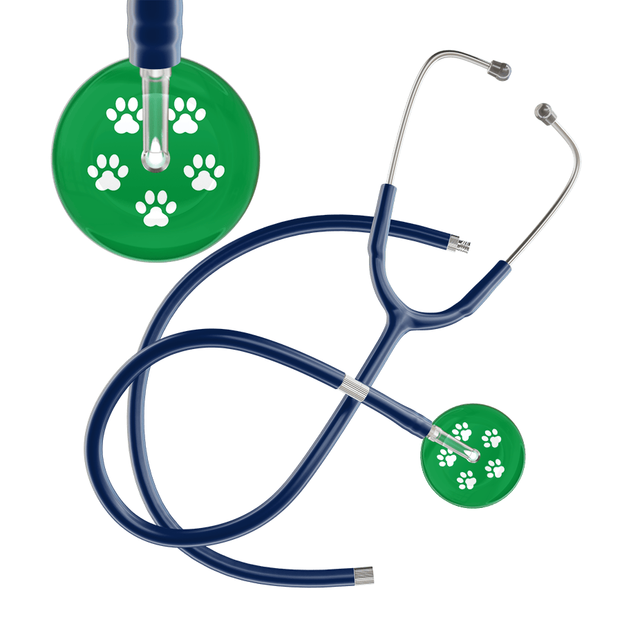 Ultrascope Single Stethoscope White Paw Green Background / Adult / Navy Extended Tubing White Paw Print Dark Background Stethoscope