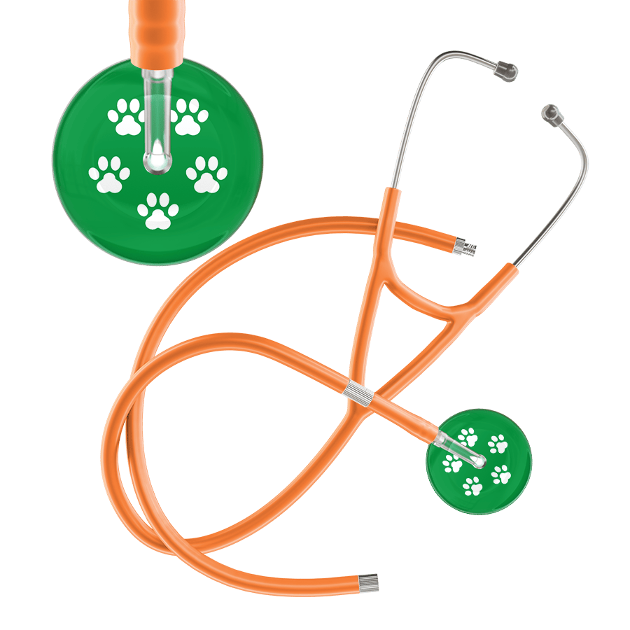 Ultrascope Single Stethoscope White Paw Green Background / Adult / Orange Extended Tubing White Paw Print Dark Background Cardiology Stethoscope