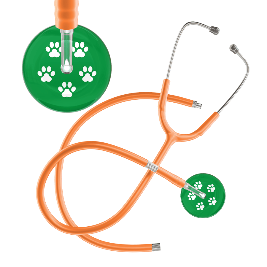 Ultrascope Single Stethoscope White Paw Green Background / Adult / Orange Extended Tubing White Paw Print Dark Background Stethoscope