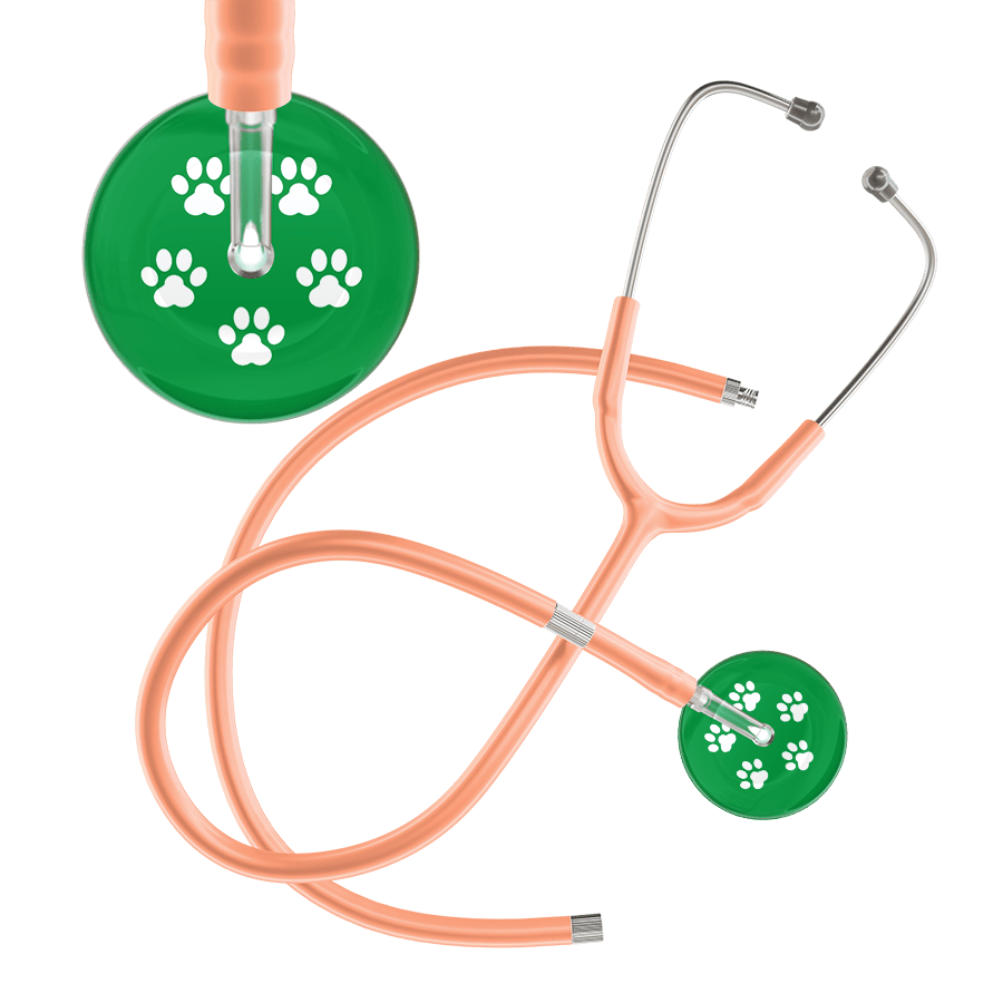 Ultrascope Single Stethoscope White Paw Green Background / Adult / Peach Extended Tubing White Paw Print Dark Background Stethoscope