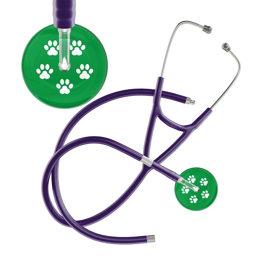 Ultrascope Single Stethoscope White Paw Green Background / Adult / Purple Extended Tubing White Paw Print Dark Background Cardiology Stethoscope