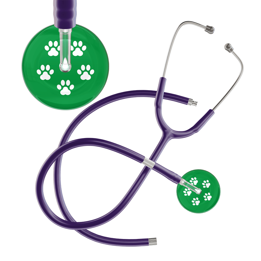 Ultrascope Single Stethoscope White Paw Green Background / Adult / Purple Extended Tubing White Paw Print Dark Background Stethoscope