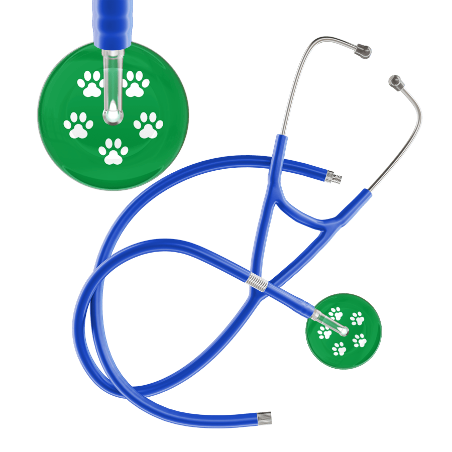Ultrascope Single Stethoscope White Paw Green Background / Adult / Royal Blue Extended Tubing White Paw Print Dark Background Cardiology Stethoscope