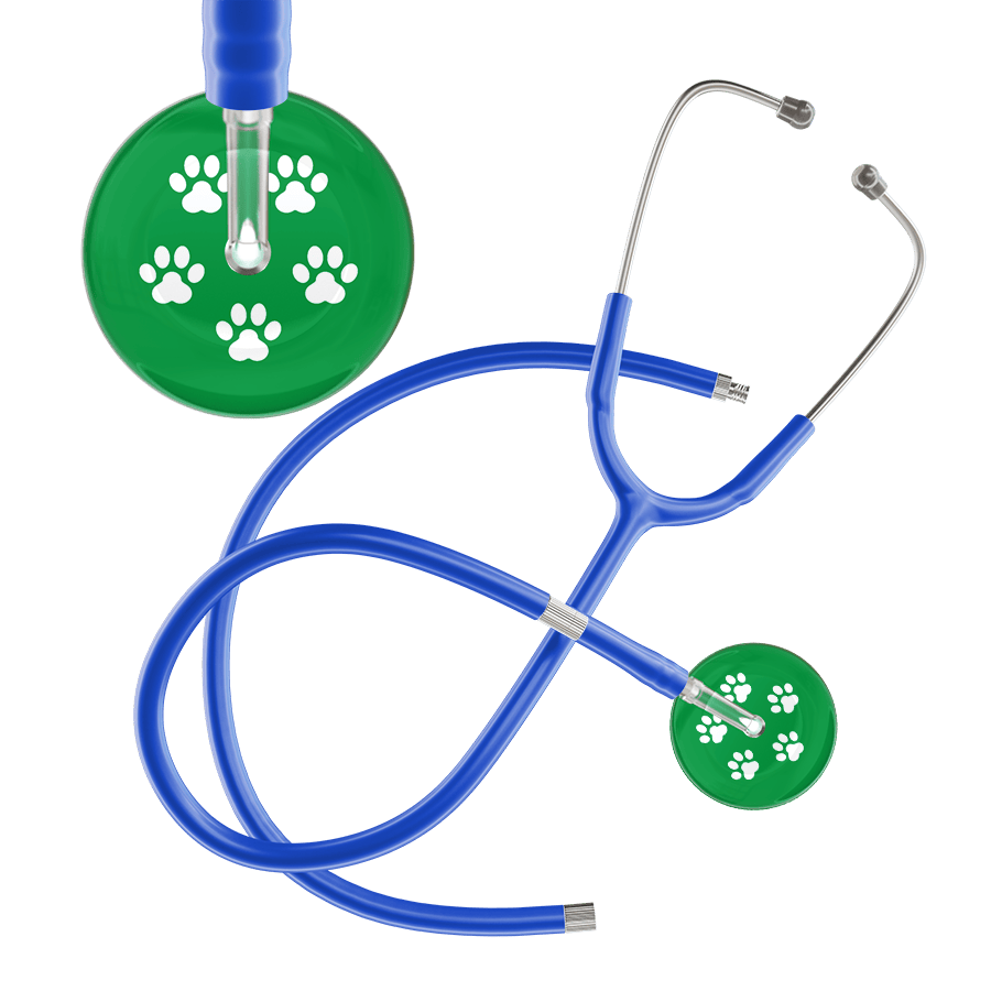 Ultrascope Single Stethoscope White Paw Green Background / Adult / Royal Blue Extended Tubing White Paw Print Dark Background Stethoscope