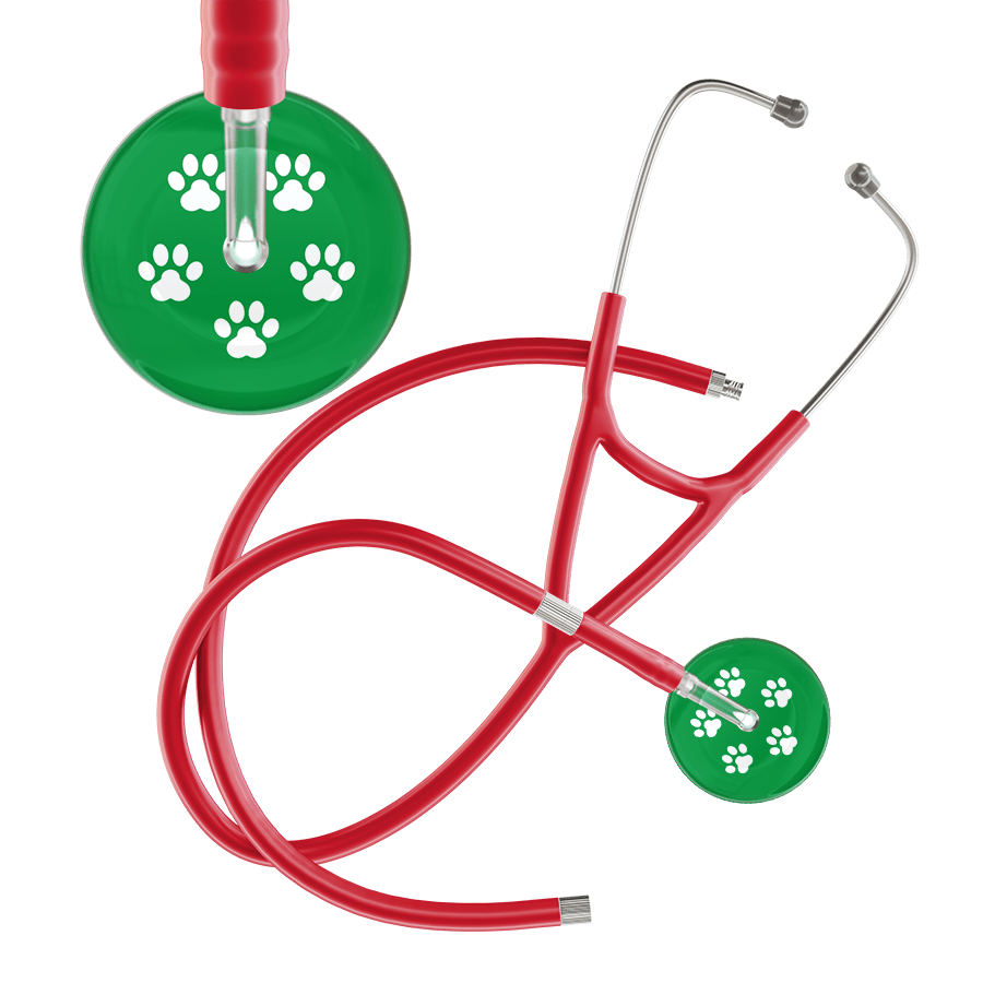 Ultrascope Single Stethoscope White Paw Green Background / Adult / Red Extended Tubing White Paw Print Dark Background Cardiology Stethoscope